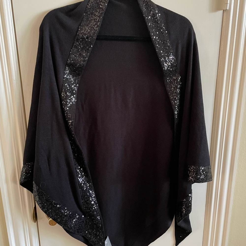 Chico’s wrap, one size fits all, black with black sequin trim around all edges